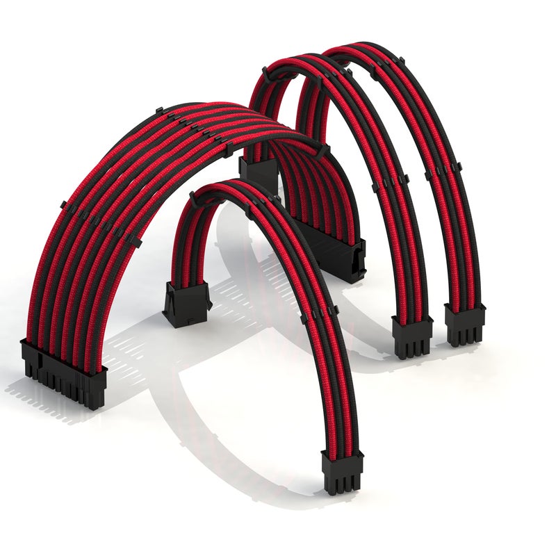 LINKUP - AVA 30cm PSU Cable Extension Sleeved Custom Mod GPU PC Braided w/Comb Kit | 1 x 24 P (20+4) | 1 x 8 P (4+4) CPU | 2 x 8 P (6+2) GPU Set | 300mm - RedBlack - Image 1